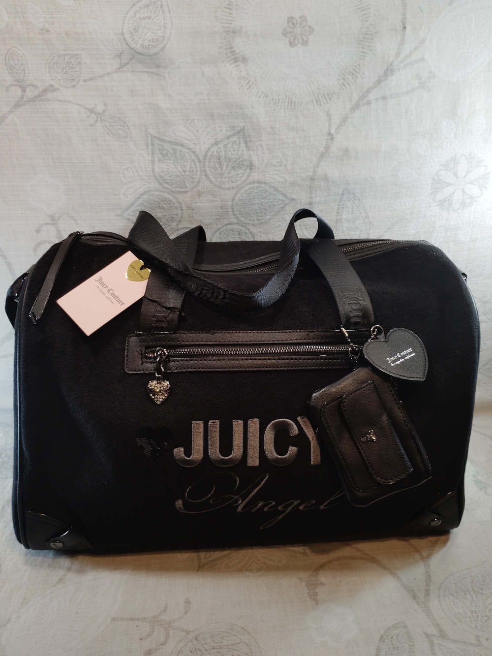 Juicy Couture Black Angel Travel/Weekender Duffle with Heart Charm& Clutch
